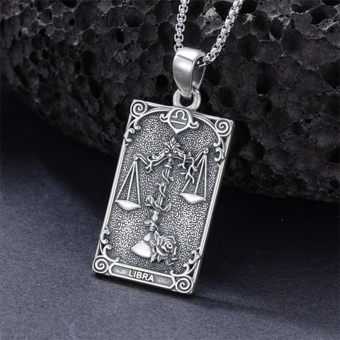 Sterling Silver Tarot Card 12 Zodiac Sign Pendant Necklace