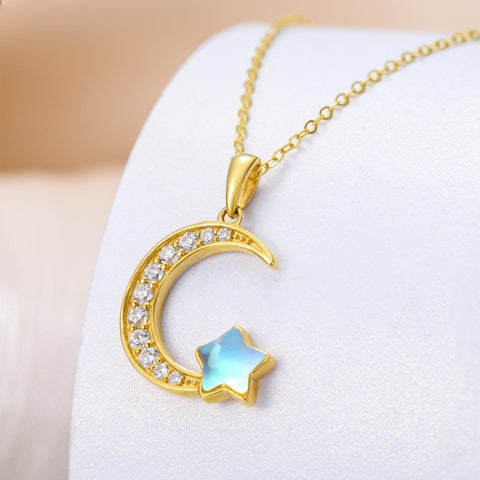 10K 14K 18K Yellow Gold Moonstone Moissanite Moon and Star Necklace Birthday Anniversary Jewelry Gift for Her