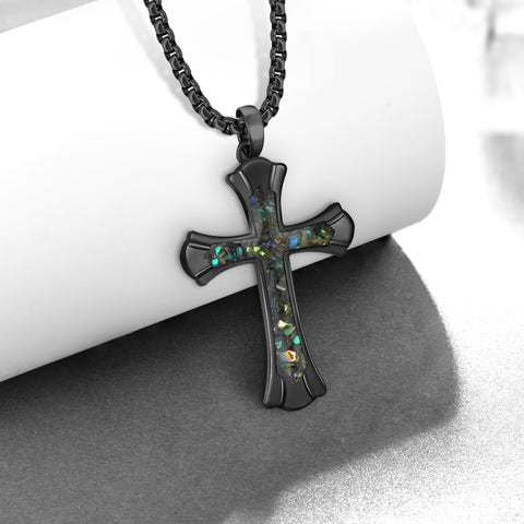 14K Gold Plated Turquoise Malachite Abalone Shell Cross Pendant Necklace for Men