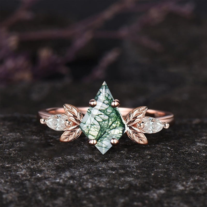 Sterling Silver 2CT Moss Agate  Engagement Wedding Ring Sets for Women