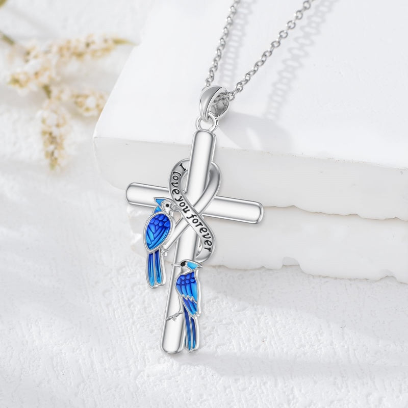 Sterling Silver  Hummingbird Blue Jay Dragonfly Butterfly Cross Necklace Engraved with I Love You Forever