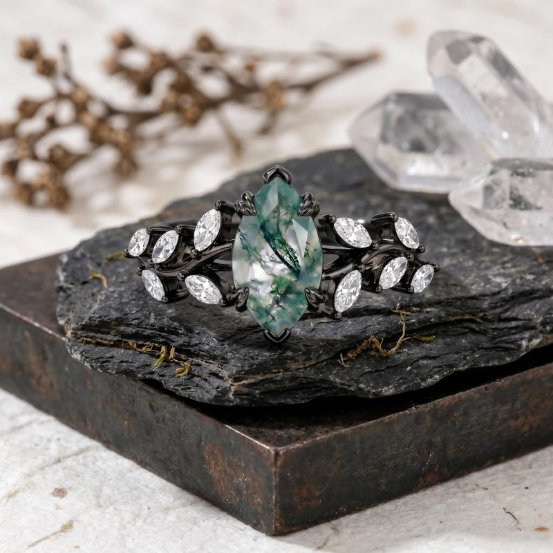 Sterling Silver 10K 14K 18K Gold 1-4CT Moss Agate Engagement Ring Promise Ring