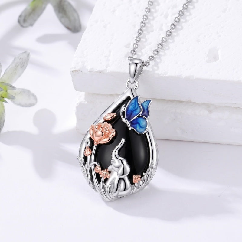 Sterling Silver Obsidian Bunny Cat Elephant Dog Fox Teardrop Pendant Necklace
