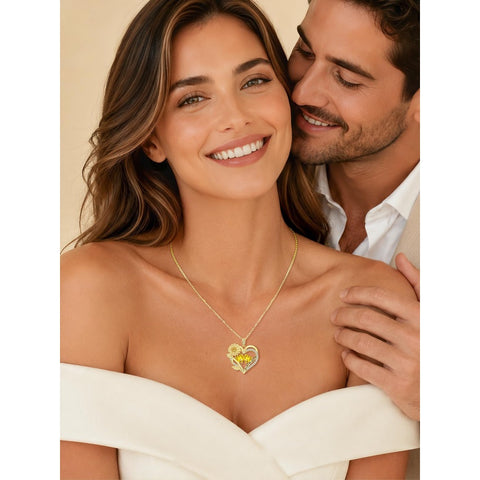 14K Gold  Plated Double Birthstone Heart Sunflower Necklace for Women