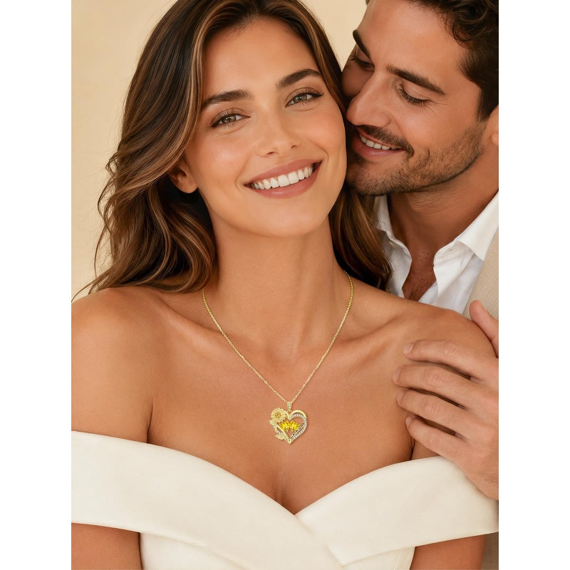 14K Gold  Plated Double Birthstone Heart Sunflower Necklace for Women