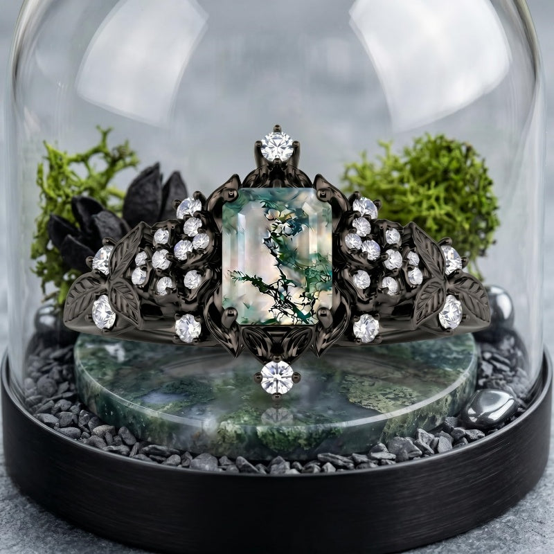 Sterling Silver 10K 14K 18K Gold 1-4CT Moss Agate Engagement Ring Promise Ring