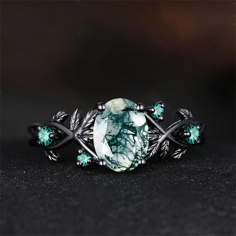 Sterling Silver 10K 14K 18K Gold Natural Leaf  Moss Agate Engagement Anniversary Couple Ring Sets