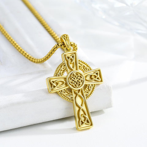 14K Gold Plated Celtic Vikin Cross Pendant Necklace Irish Jewelry Religious Protective Gift