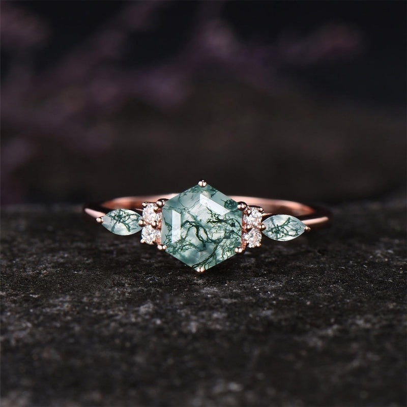 Sterling Silver 2CT Moss Agate  Engagement Wedding Ring Sets for Women