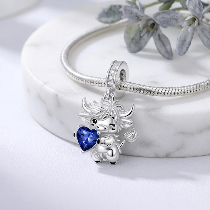 Sterling Silver 12 Month Birthstone Highland Cow Charm Beads