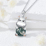 Sterling Silver Moss Agate Hippo  Pendant Necklace