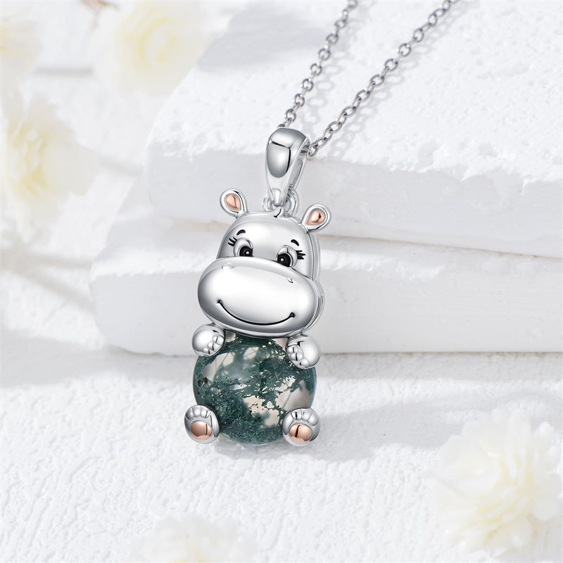 Sterling Silver Moss Agate Hippo  Pendant Necklace