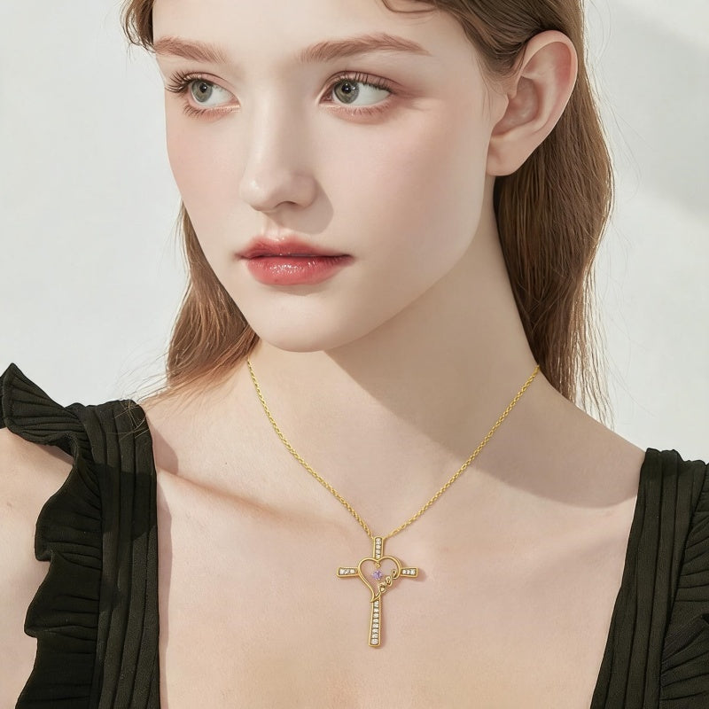14K Gold Plated  Birthstone  LOVE Heart Cross Necklace for Women Faith Jewelry