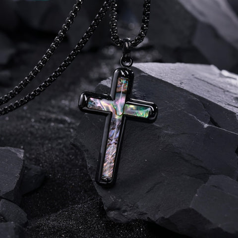14K Gold Plated Wooden Abalone Shell Cross Pendant Necklacefor Men