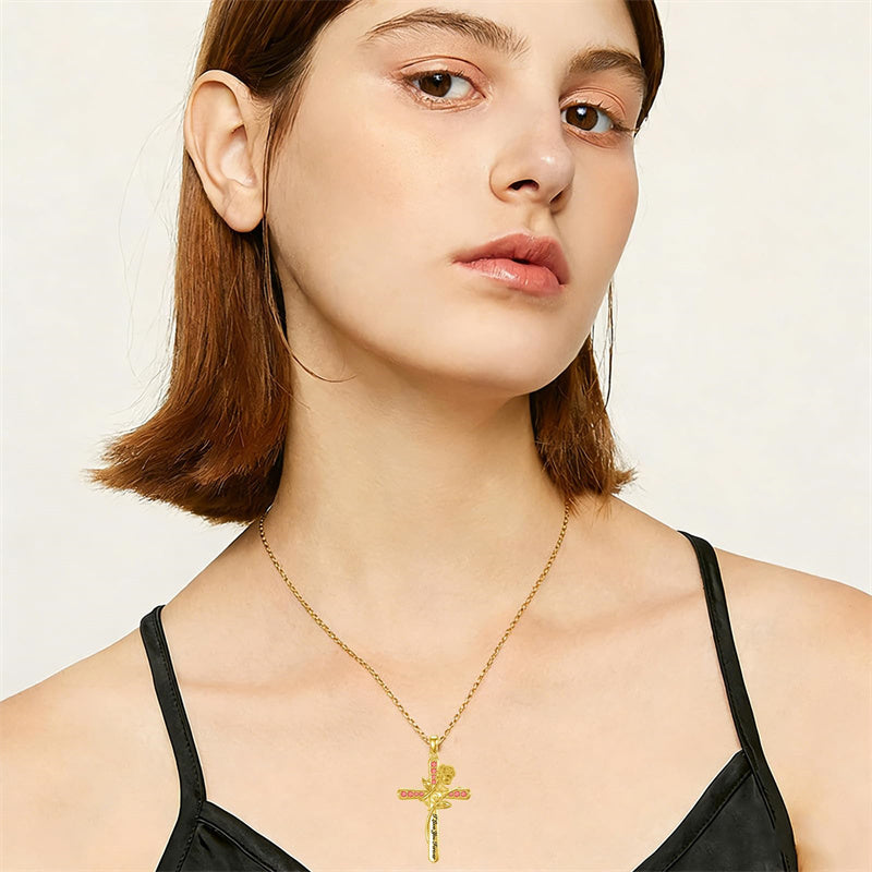 10K 14K 18K Yellow Gold 12 Month Birthstone Rose Flower Pendant Necklace Engraved with I Love You Forever