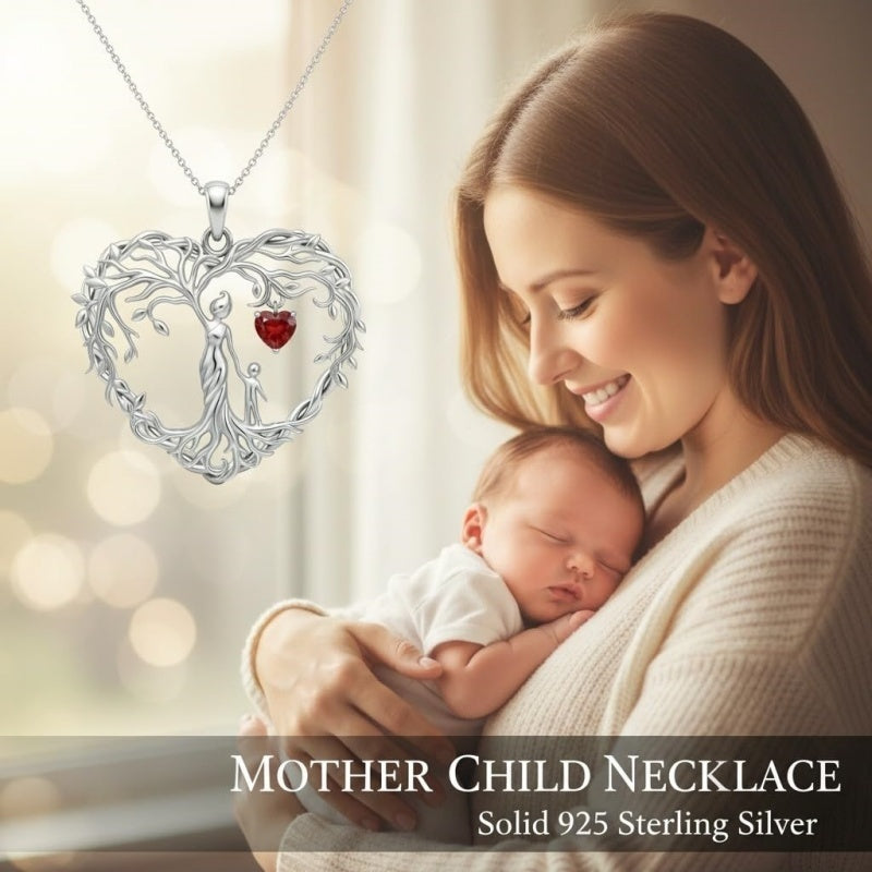 Sterling Silver Heart Pendant Birthstone Tree of Life Mother Child Family Necklace