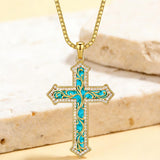 14K Gold Plated Turquoise  Abalone Shell Malachite Wood Filigree Cross Pendant Necklace