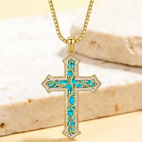 14K Gold Plated Turquoise  Abalone Shell Malachite Wood Filigree Cross Pendant Necklace
