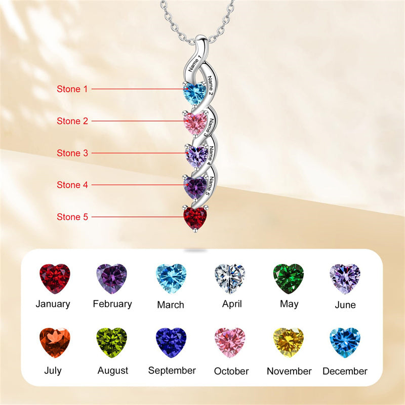 10K 14K 18K Gold Personalized 1-6 Simulated Birthstones Mother's Name Heart Pendant Necklace