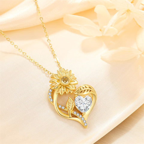 Sterling Sliver Birthstone Love Heart & Sunflower Pendant Necklace Engraved With You Are My Sunshine