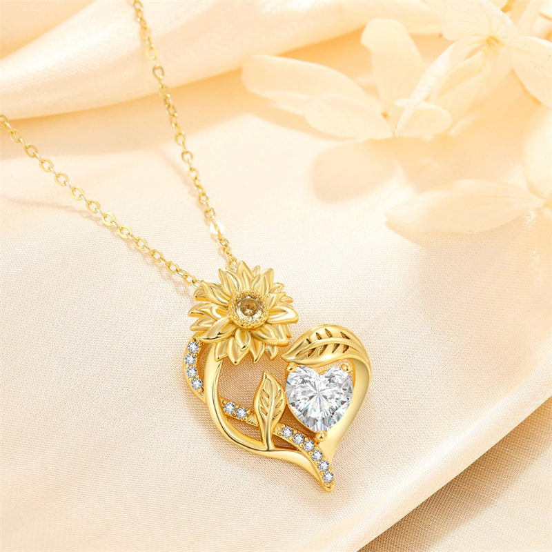 Sterling Sliver Birthstone Love Heart & Sunflower Pendant Necklace Engraved With You Are My Sunshine