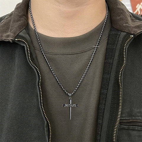 Sterling Silver  Nail Cross Jesus Pendant Necklace