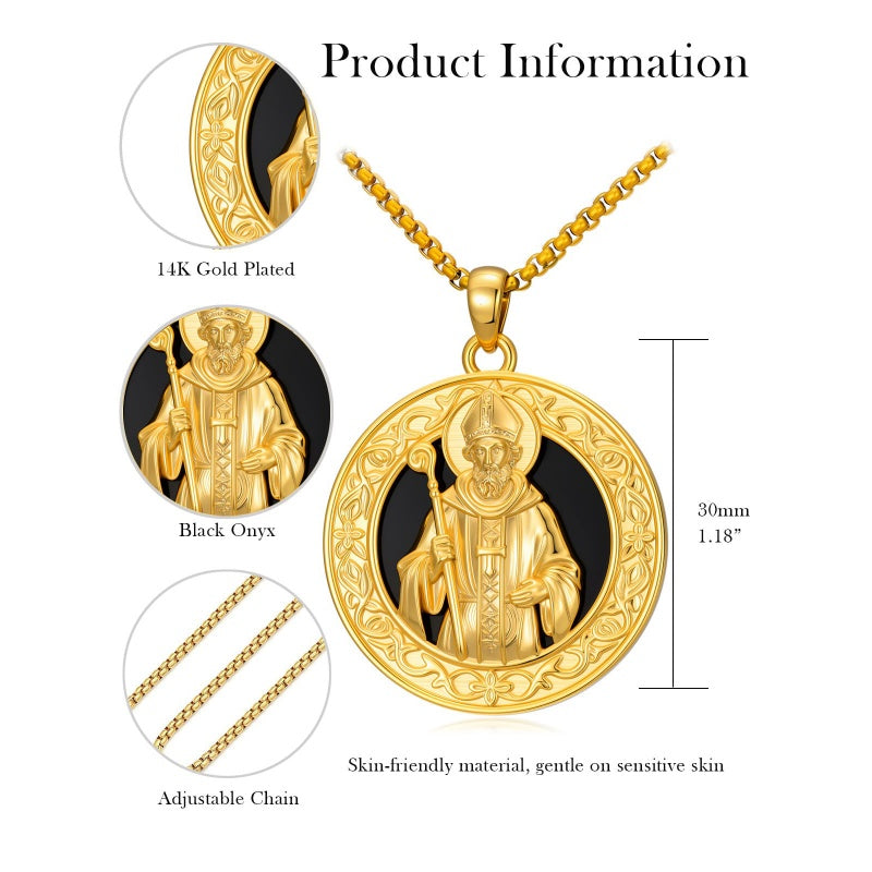 14K Gold Plated Black Onyx Patron Saint Medal Religious Amulet Pendant Necklace for Men