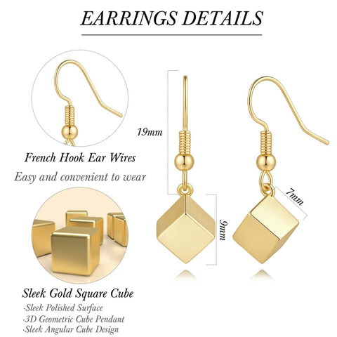 14K Gold Plated Cube Design with French Hook Drop Earring for Women
