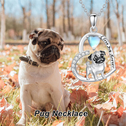 Sterling Silver Moonstone Pug Chihuahua Poodle German Shepherd Maltese Pendant Necklace Engraved wth I Love You Forever