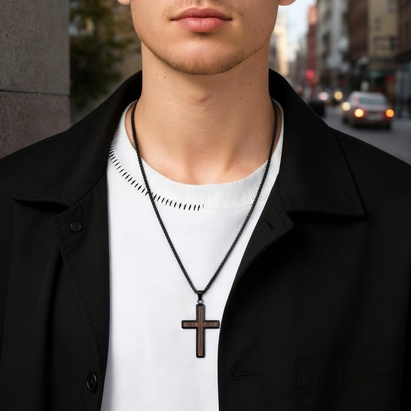 14K Gold Plated Wooden Cross Necklace for Men with Stainless Steel Adjustable Chain