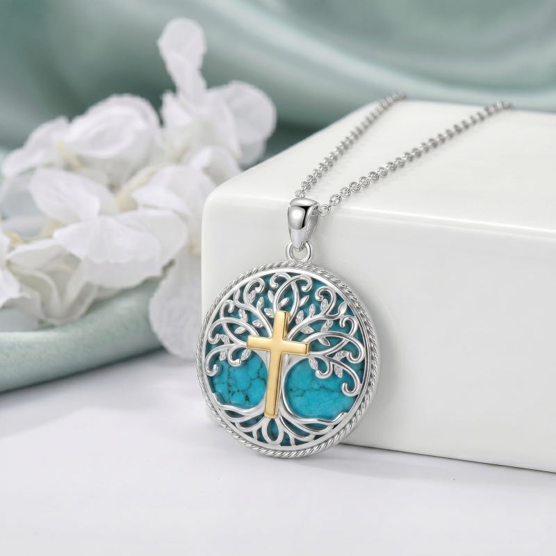Sterling Silver Turquoise Sun and Moon AA Sobriety Celtic Knot Cross DNA Star of David Tree of Life Pendant Necklace