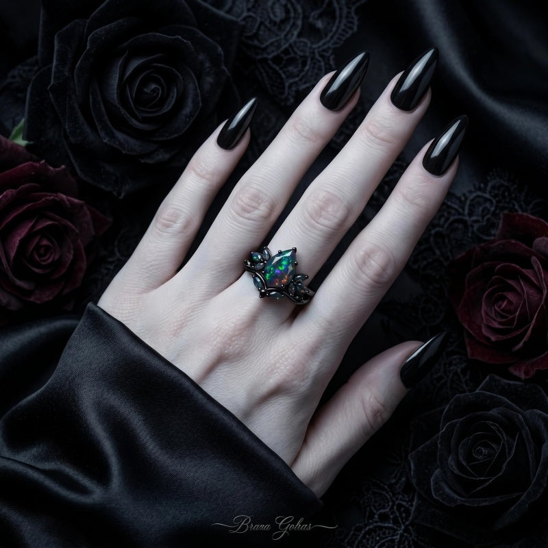 Sterling Silver 10K  14K  18K  Gold Personalized Engraved Black Opal Engagement Wedding Promise Ring for Her