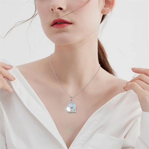 Sterling Silver  Heart Moonstone Yorkie Dog Pendant Engraved I Love You Forever