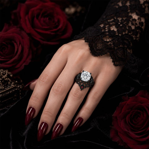 Sterling Silver 10K 14K 18K Gold Moissanite Gothic Black  Engagement Wedding Ring  for Women Halloween Gift