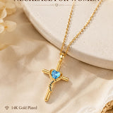 14K Gold Plated Dainty Heart Birthstone Pendant Cross Necklace for Women Religious Gift