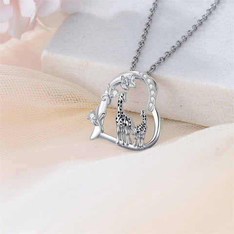 Sterling Silver Cubic Zircon Mother Daughter Mama Bear Giraffe Elephants Otters Penguins Heart Pendant Necklace