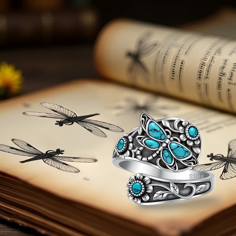 Sterling Silver Turquoise Hummingbird Butterfly Sunflower Adjustable Spoon Ring