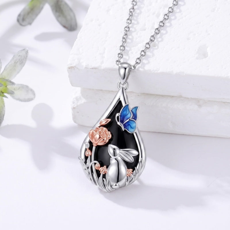 Sterling Silver Obsidian Bunny Cat Elephant Dog Fox Teardrop Pendant Necklace