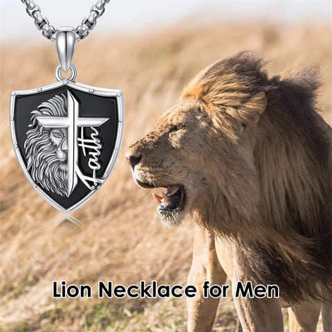 Sterling Silver Faith Bible Lion Pendant Necklace for Men