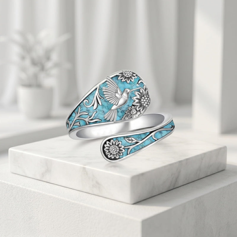 Sterling Silver Turquoise Hummingbird Butterfly Sunflower Adjustable Spoon Ring