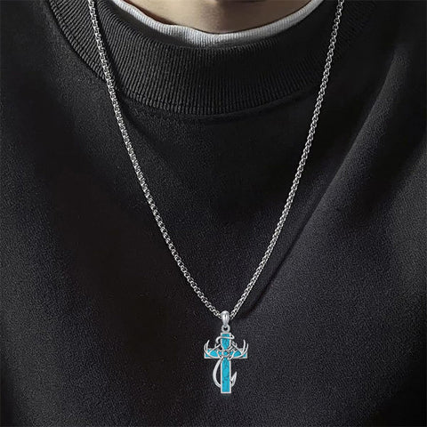 Sterling Silver Fish Hook Cross Pendant Necklace for Men