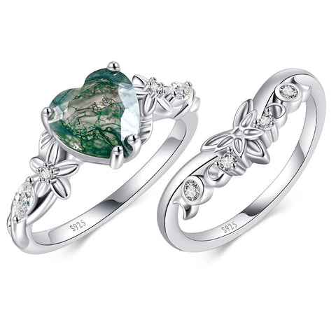 Sterling Silver 10K 14K 18K Gold Heart Moss Agate Opal Cubic Zirconia Promise Rings For Women