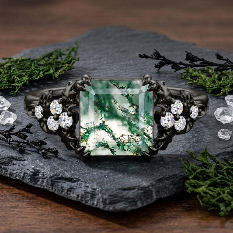 Sterling Silver 10K 14K 18K Gold 1-4CT Moss Agate Engagement Ring Promise Ring