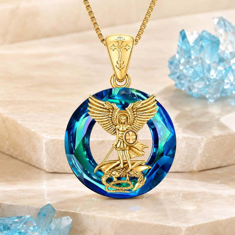 14K Gold Plated Blue Crystal Saint Protection Pendant Necklace Amulet Baptism Gift