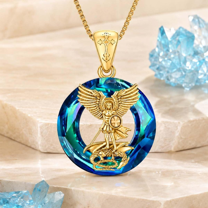 14K Gold Plated Blue Crystal Saint Protection Pendant Necklace Amulet Baptism Gift