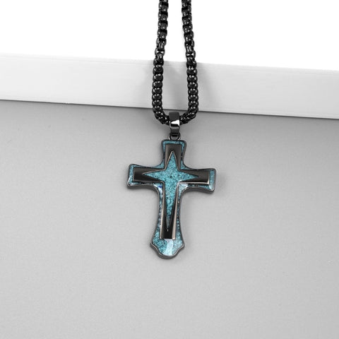 14K Gold Plated Turquoise Malachite Abalone Shell Cross Pendant Necklace for Men