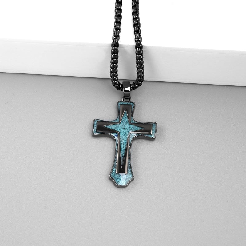 14K Gold Plated Turquoise Malachite Abalone Shell Cross Pendant Necklace for Men