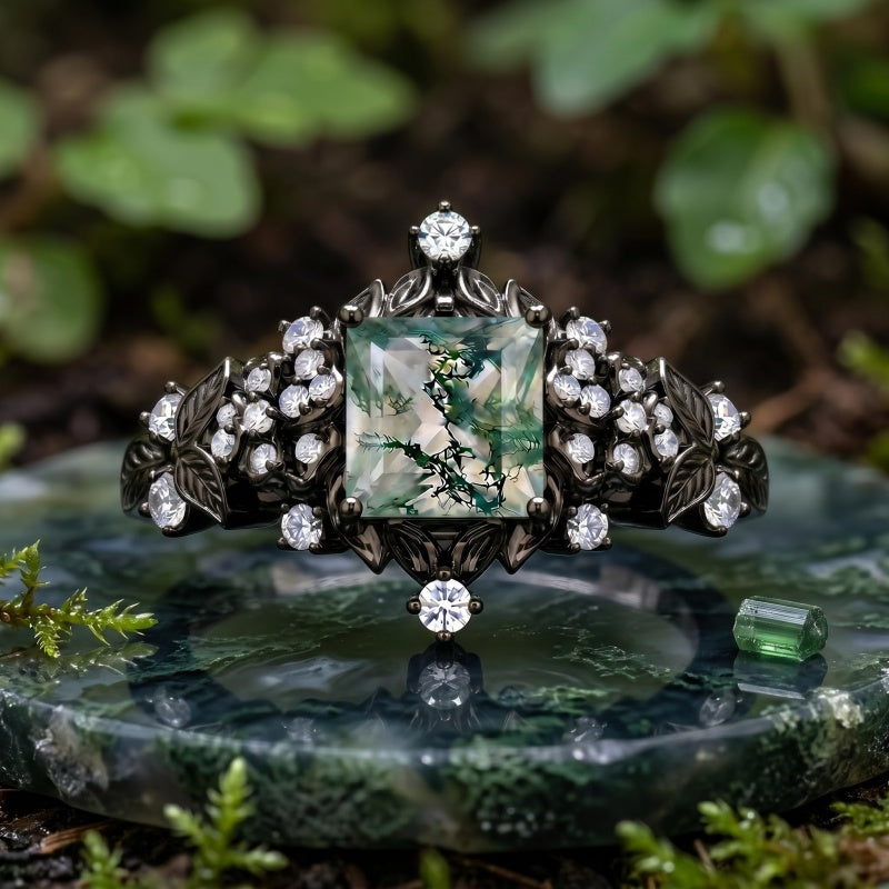 Sterling Silver 10K 14K 18K Gold 1-4CT Moss Agate Engagement Ring Promise Ring