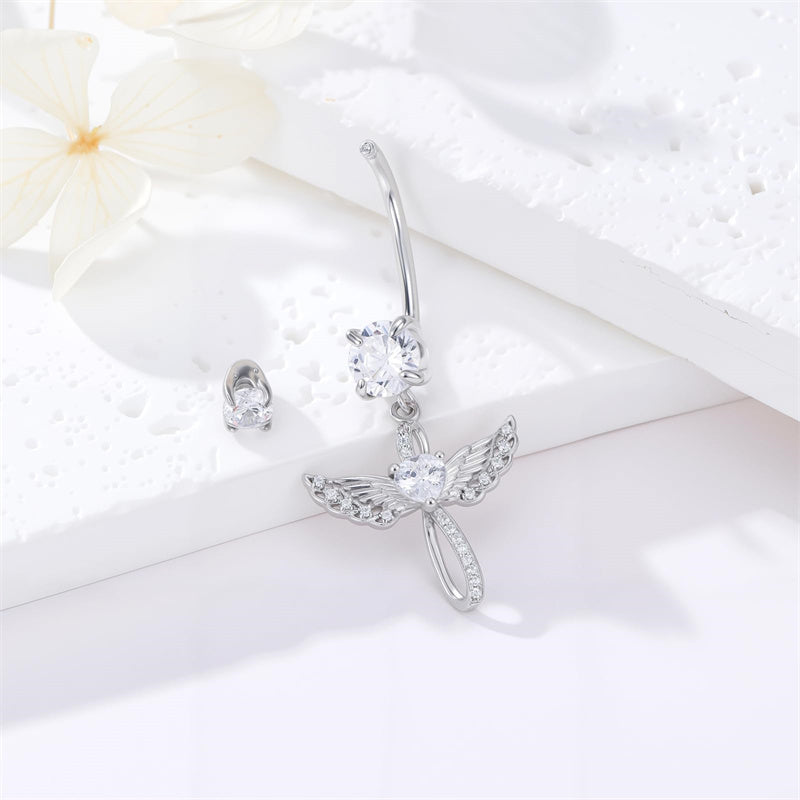 Sterling Silver Cubic Zircon Angel Wings Mermaid Tail Palm Tree Pet Paw Print Belly Button Ring