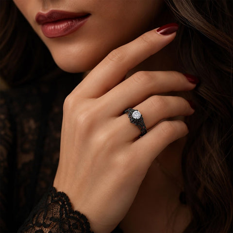 Sterling Silver 10K 14K 18K Gold Custom Engraved Moissanite Engagement Wedding Ring Halloween Gift